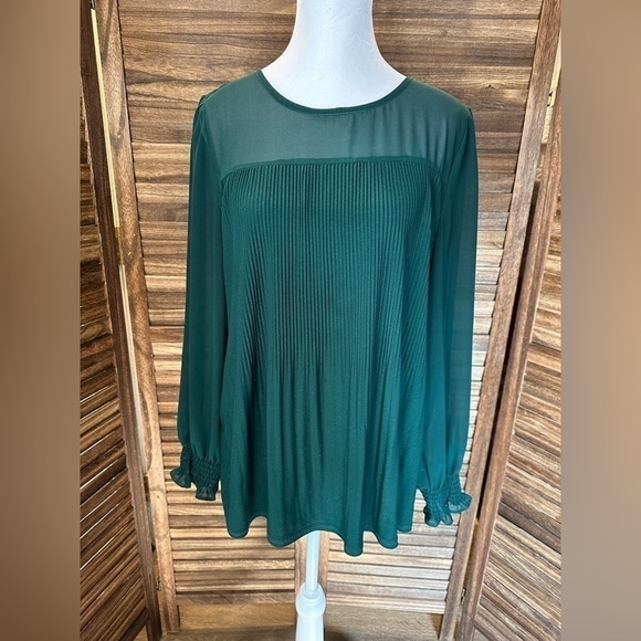 Adrianna Papell Tops - Adrianna Papell Pleated Georgette Crepe Blouse in Dark Green • Anthropologie